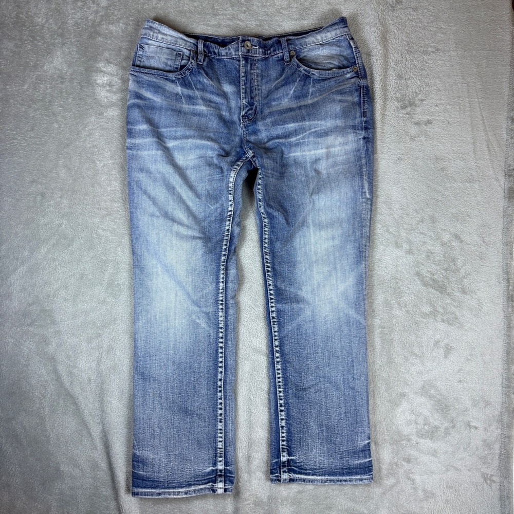 BKE Jeans Men 38x30 Jake Straight Whiskered Faded Blue Denim Stretch